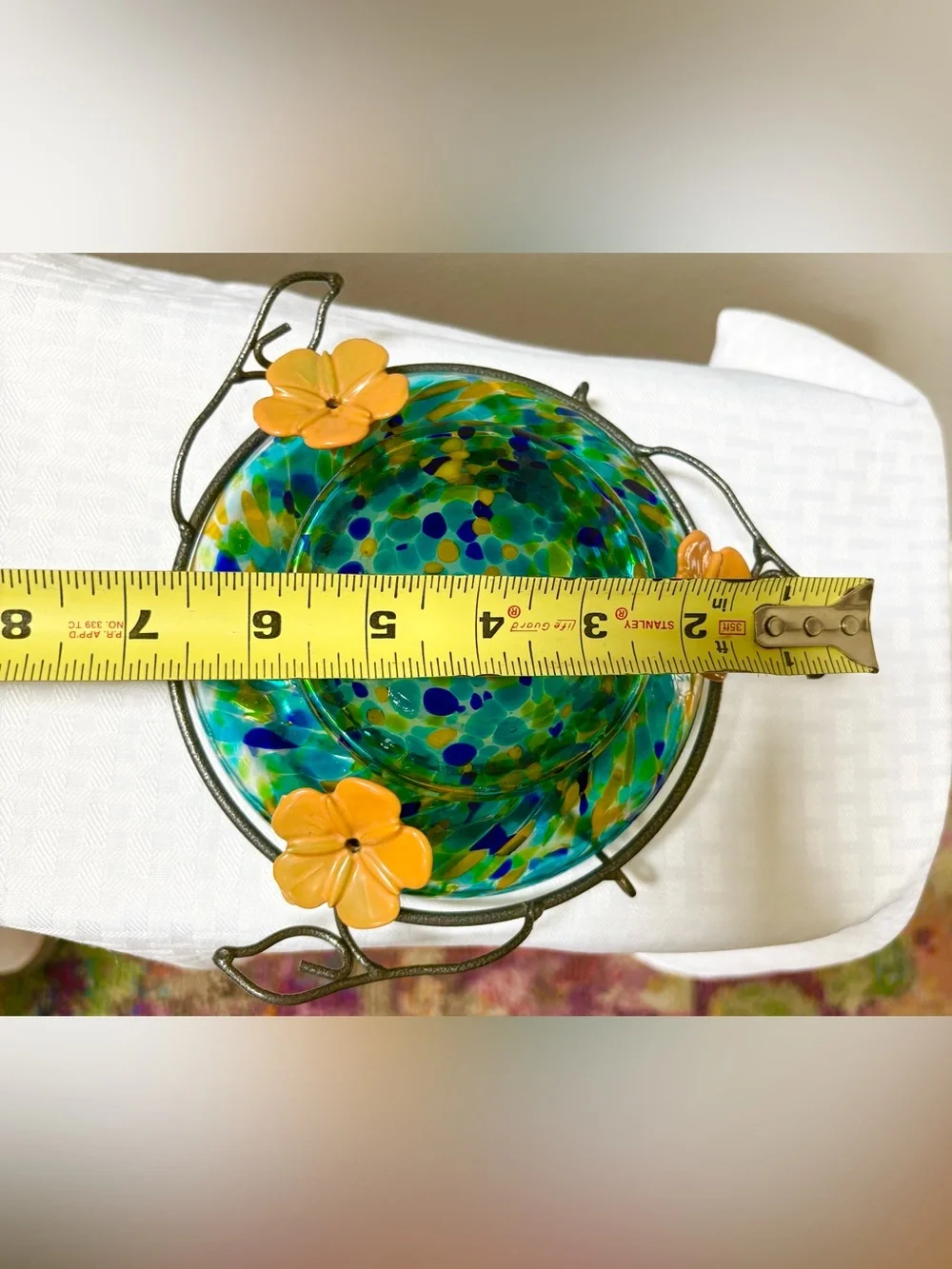 Art Glass Table Hummingbird Feeder Multi Color 3 Yellow Flowers Wire to Hang - Picture 5 of 6